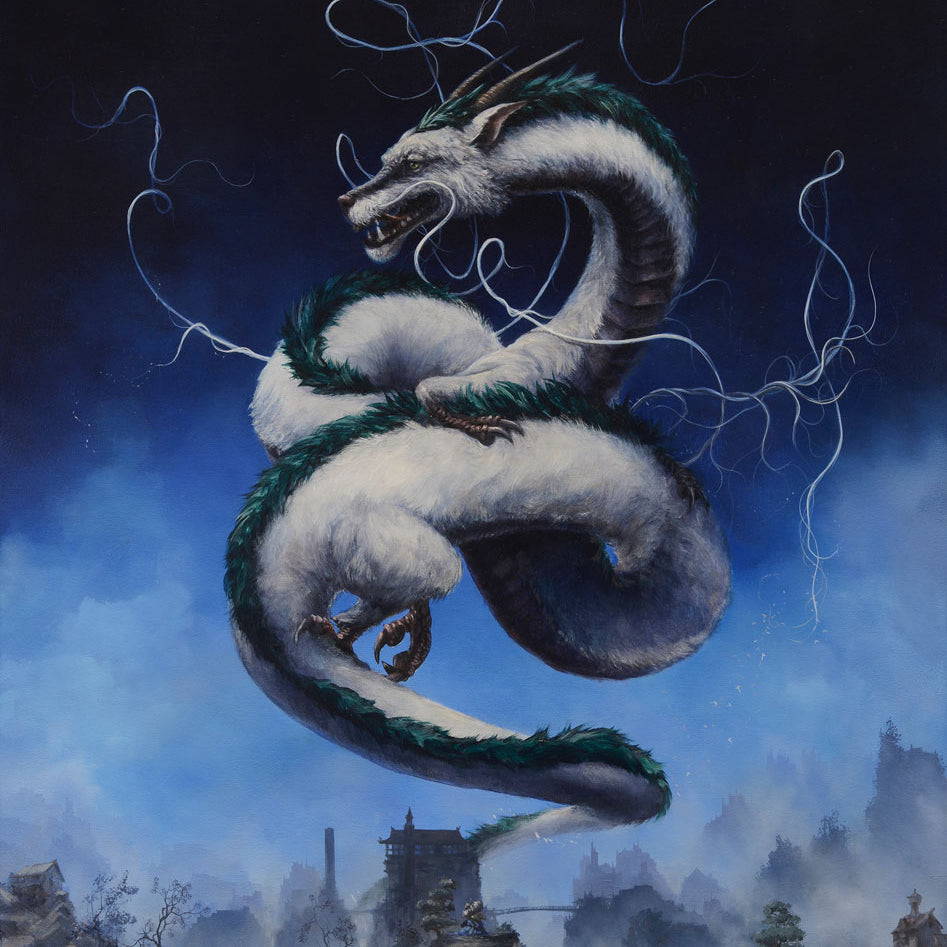 A large, white, serpentine dragon with teal accents coils through a misty, dark blue sky above foggy ruins—a Spirited Away-inspired scene in the style of Brian Mashburn—features glowing swirls. Artwork by Spoke Art.