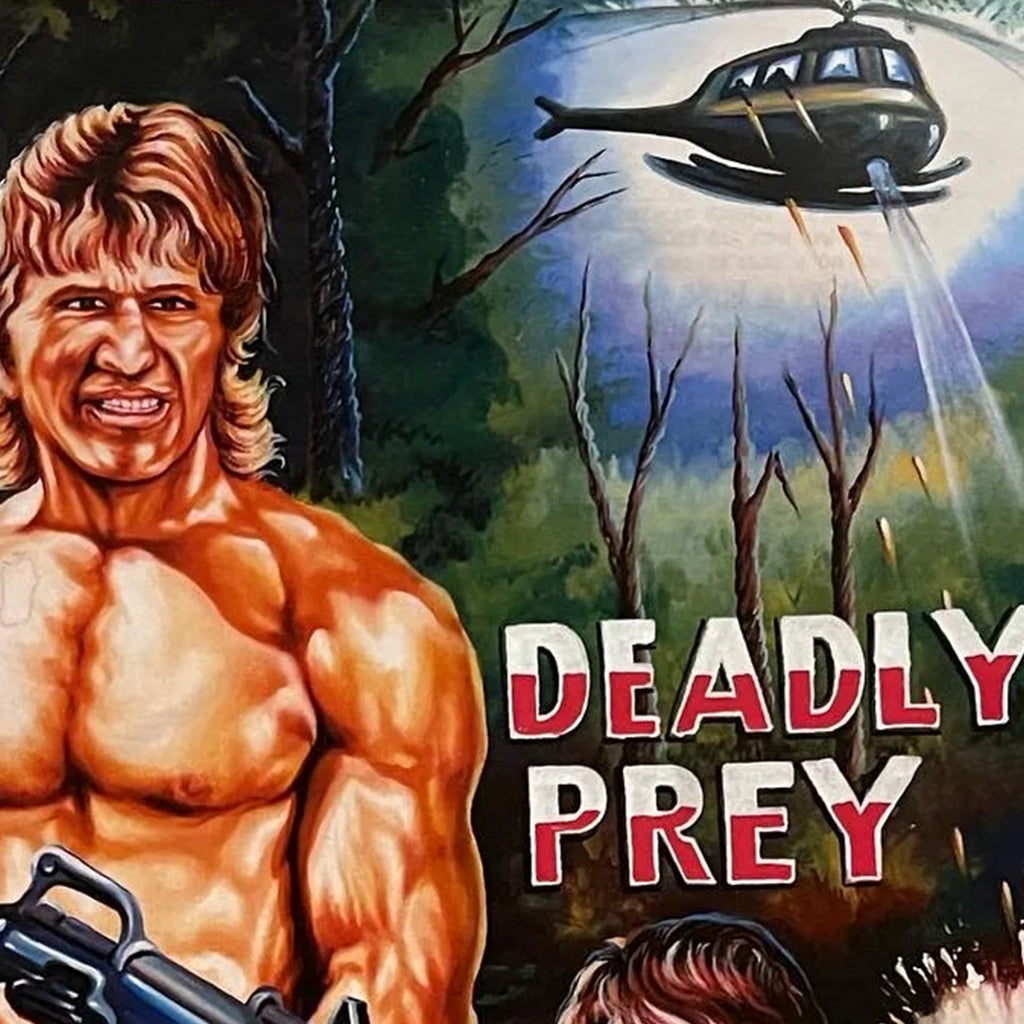 A muscular, shirtless man holds a gun in a forest as a helicopter's spotlight shines overhead on this illustrated digital print movie poster. The title “DEADLY PREY” by Brand Name: Deadly Prey appears in bold red letters.