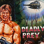 A muscular, shirtless man holds a gun in a forest as a helicopter's spotlight shines overhead on this illustrated digital print movie poster. The title “DEADLY PREY” by Brand Name: Deadly Prey appears in bold red letters.