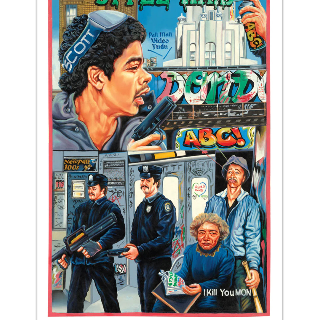 A vibrant Deadly Prey digital print inspired by hip hop, showcasing Bright Obeng's take on Style Wars with graffiti, police, older men, and a lively New York cityscape beneath the bold words "STYLE WARS.