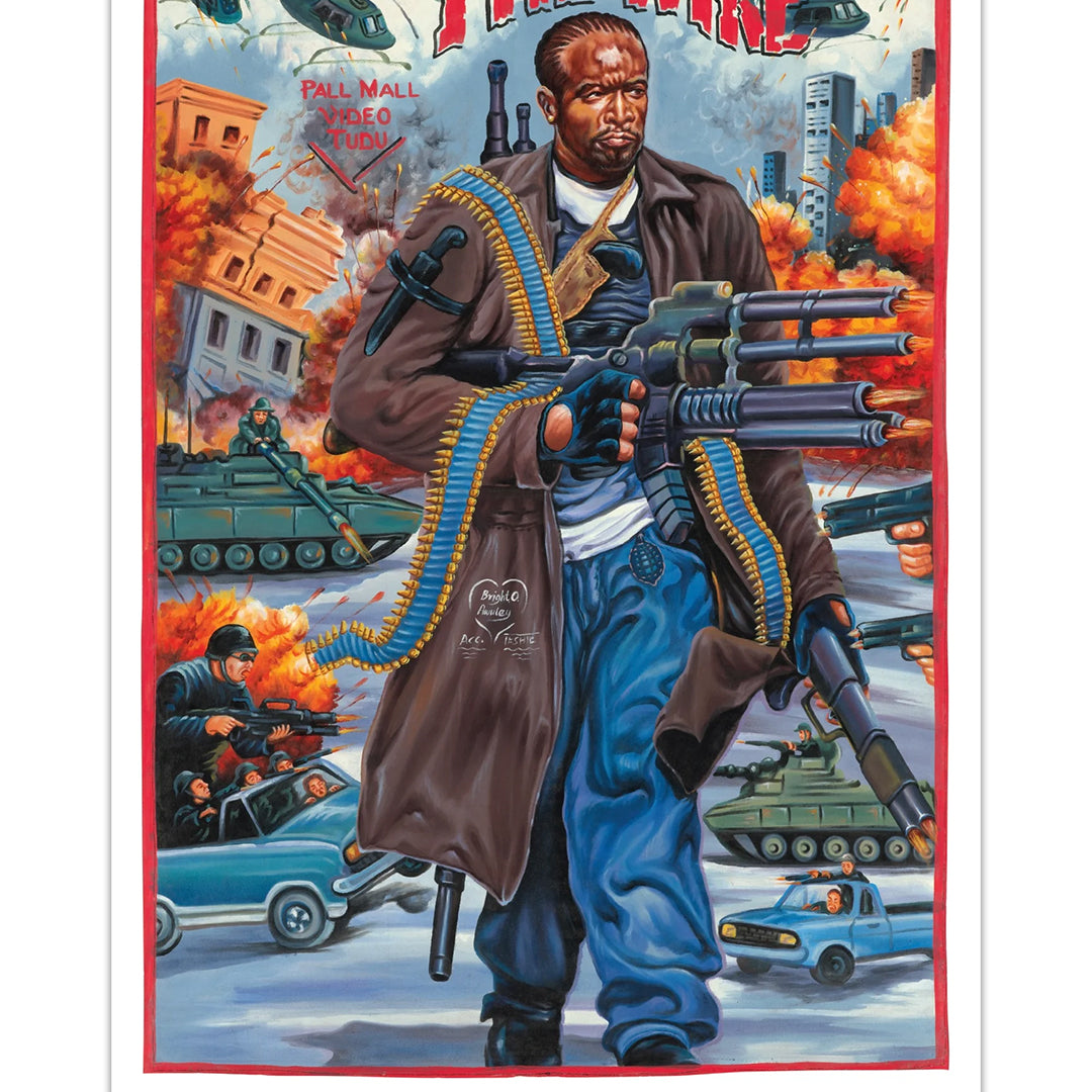 A dynamic digital print by Deadly Prey features a man in a long coat with large guns, flanked by tanks, helicopters, and burning buildings. The text THE WIRE tops this action-packed art piece.