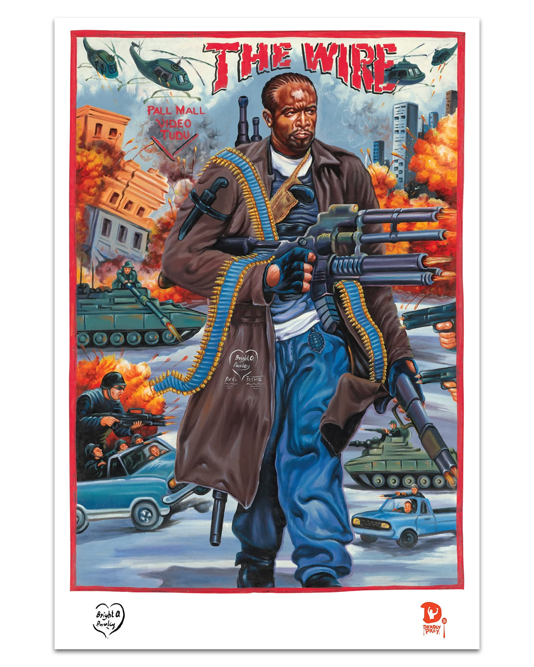 A dynamic digital print by Deadly Prey features a man in a long coat with large guns, flanked by tanks, helicopters, and burning buildings. The text THE WIRE tops this action-packed art piece.