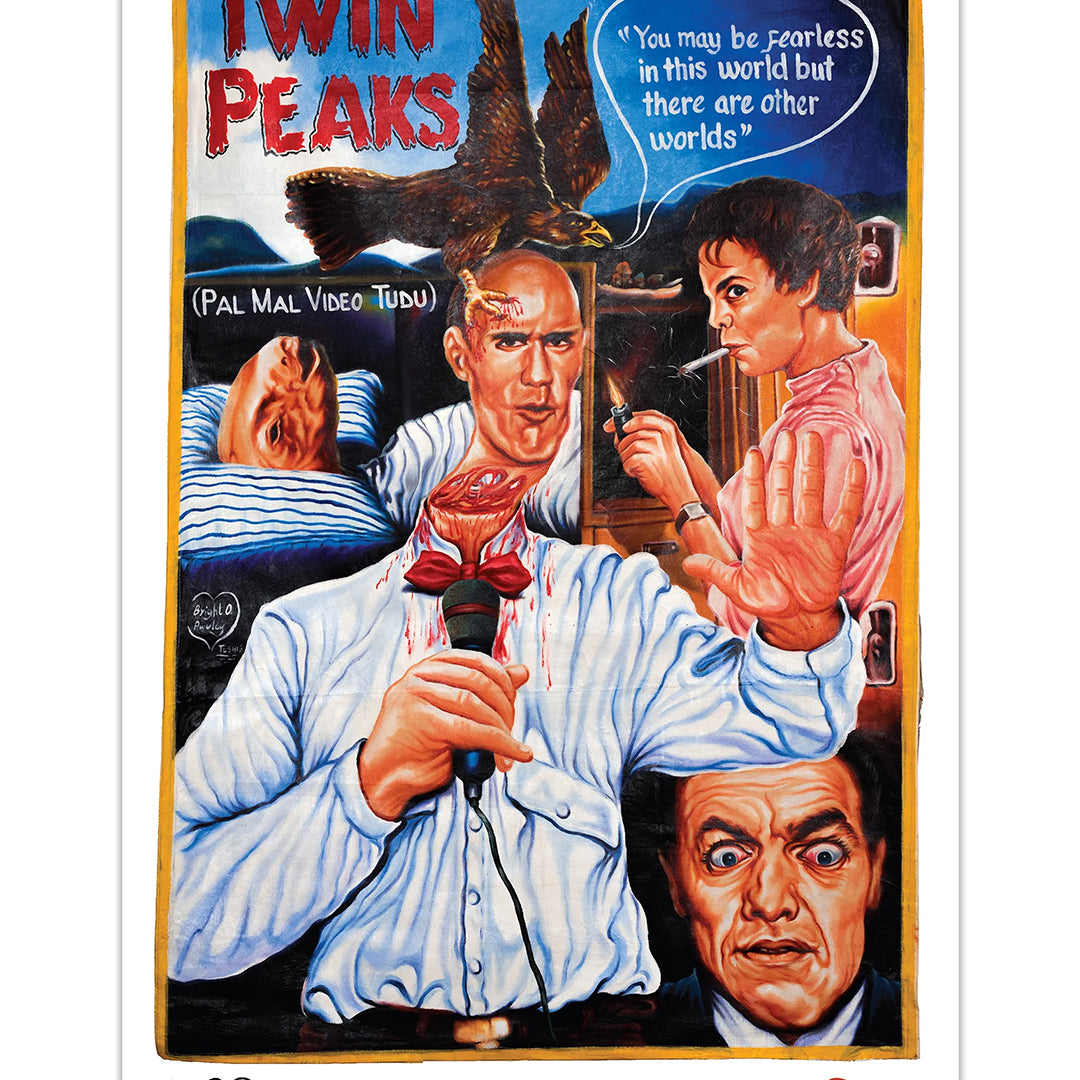 This Deadly Prey digital Twin Peaks poster features a surreal scene: man in a white shirt bleeding, a log, owl overhead, scared man, woman with knife, and a blue quote bubble about other worlds.