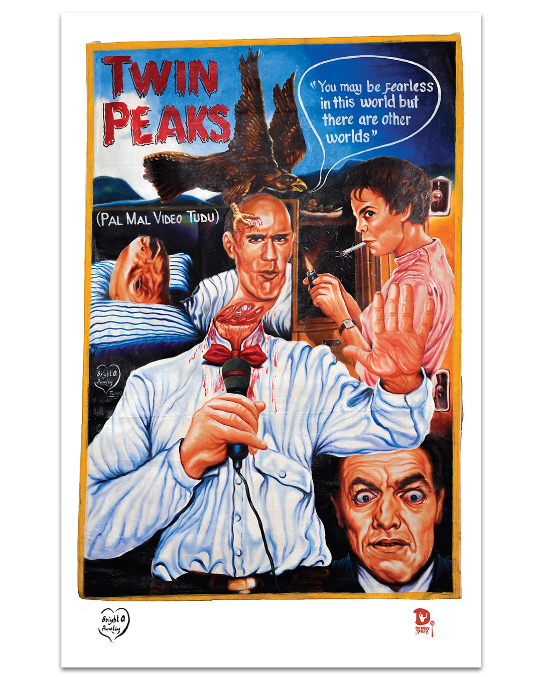 This Deadly Prey digital Twin Peaks poster features a surreal scene: man in a white shirt bleeding, a log, owl overhead, scared man, woman with knife, and a blue quote bubble about other worlds.