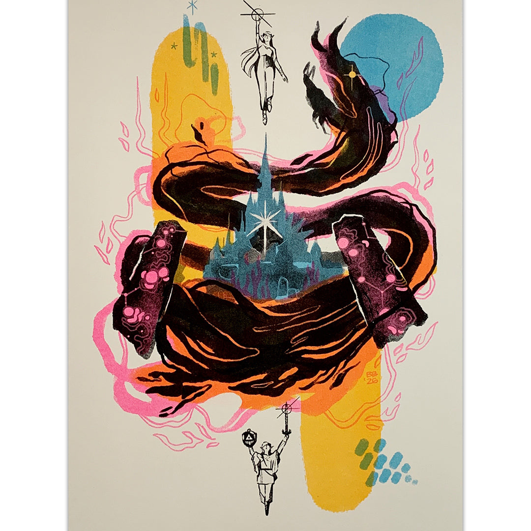 Brighton Ballard: Risograph-style illustration of a castle surrounded by swirling dark shapes and vibrant colors, with two people silhouetted in the top corners and sketch-like figures beneath the castle.