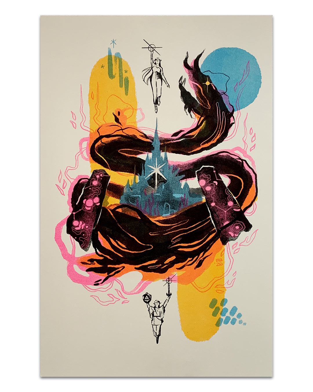 Brighton Ballard: Risograph-style illustration of a castle surrounded by swirling dark shapes and vibrant colors, with two people silhouetted in the top corners and sketch-like figures beneath the castle.