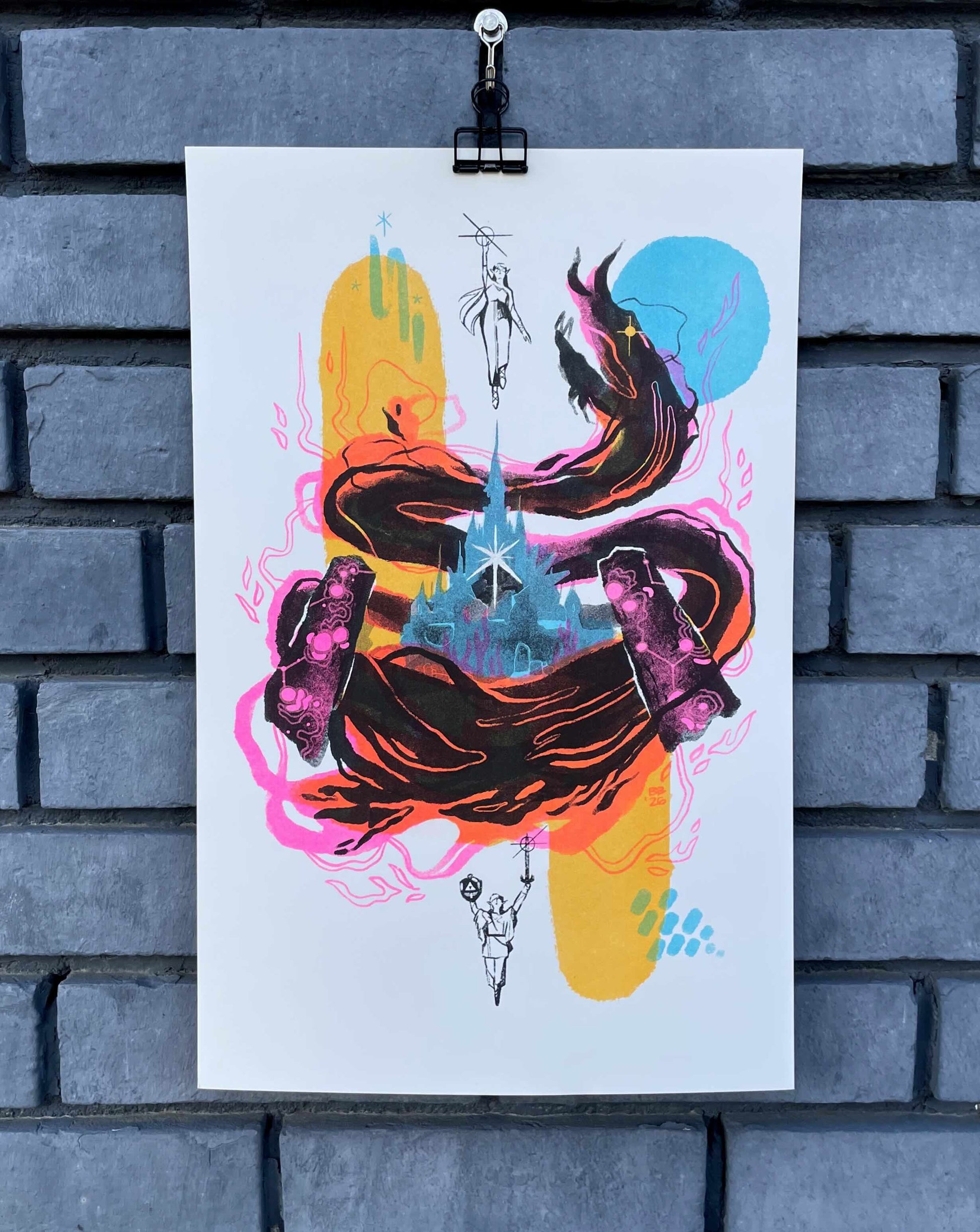 A colorful Risograph print by Brighton Ballard clipped to a gray brick wall, featuring swirling black and pink shapes, a blue Calamity Ganon-like castle, geometric figures, and vibrant yellow and blue accents.