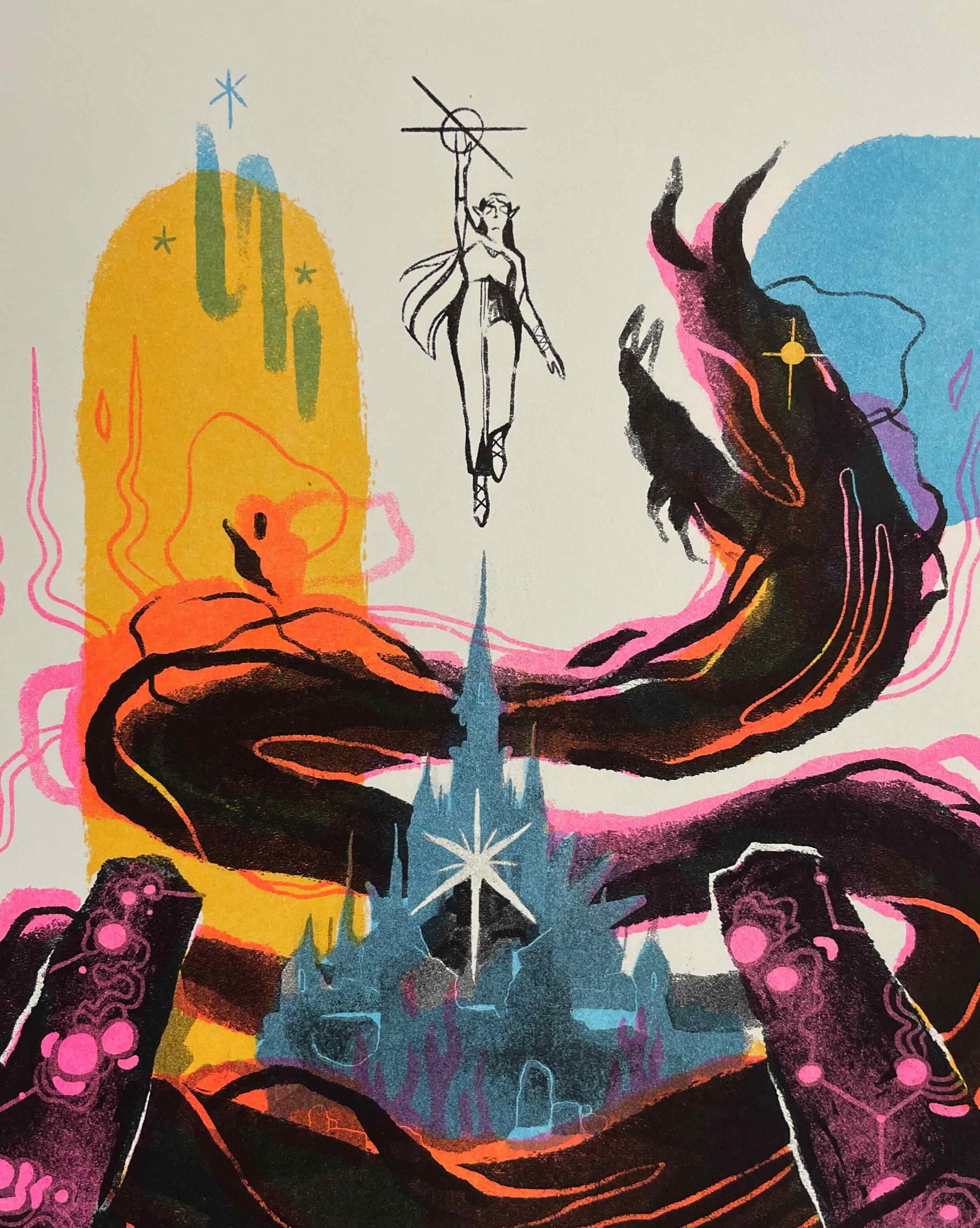 A stylized illustration by Brighton Ballard features a figure with a star-topped staff floating above a glowing castle, set against swirling Calamity Ganon-inspired shapes and vibrant abstract designs—perfect for an eye-catching Risograph print.