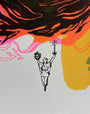 A black and white drawing of a person holding a shield and sword stands beneath swirling orange, pink, and black abstract shapes on a colorful background, in the signature Risograph-inspired style of Brighton Ballard.