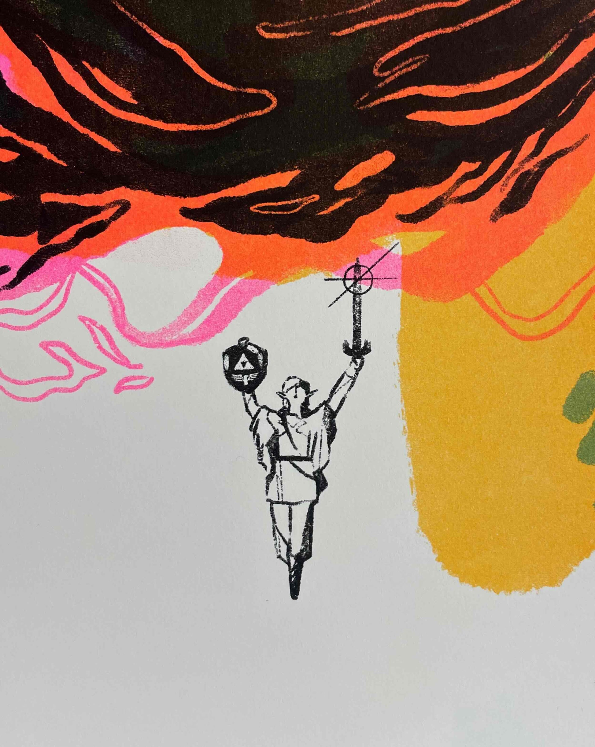 A black and white drawing of a person holding a shield and sword stands beneath swirling orange, pink, and black abstract shapes on a colorful background, in the signature Risograph-inspired style of Brighton Ballard.