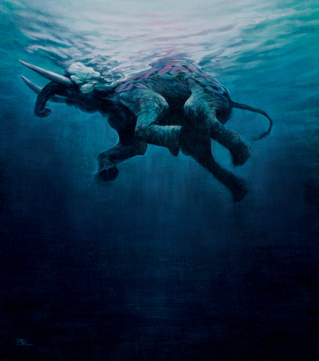 A lone elephant drifts underwater toward the light in Spoke Art’s “The Abyss” by Brin Levinson—its trunk curled, limbs hanging, and bathed in blue water—an evocative oil on panel artwork.