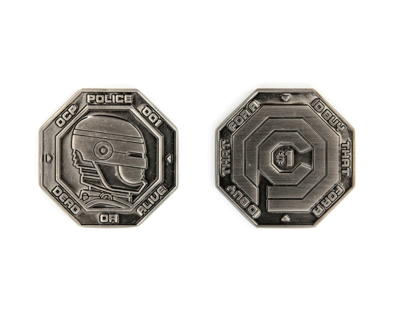 Two octagonal metal tokens by Bruce Yan: one features a helmeted figure with the text “CCP Police token 001 DEAD OR ALIVE,” and the other displays a maze-like pattern with $1 at the center and edge text.