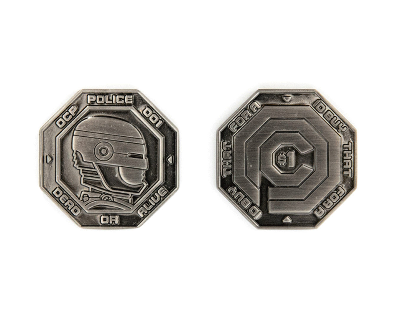 Two octagonal metal tokens by Bruce Yan: one features a helmeted figure with the text “CCP Police token 001 DEAD OR ALIVE,” and the other displays a maze-like pattern with $1 at the center and edge text.