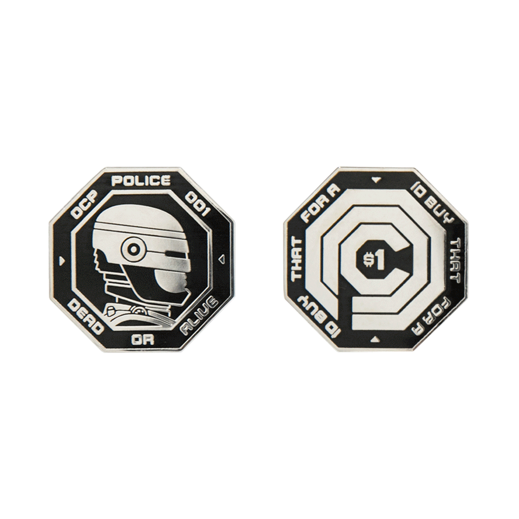 Two octagonal metal tokens by Bruce Yan: one features a helmeted figure with the text “CCP Police token 001 DEAD OR ALIVE,” and the other displays a maze-like pattern with $1 at the center and edge text.