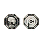 Two octagonal metal tokens by Bruce Yan: one features a helmeted figure with the text “CCP Police token 001 DEAD OR ALIVE,” and the other displays a maze-like pattern with $1 at the center and edge text.