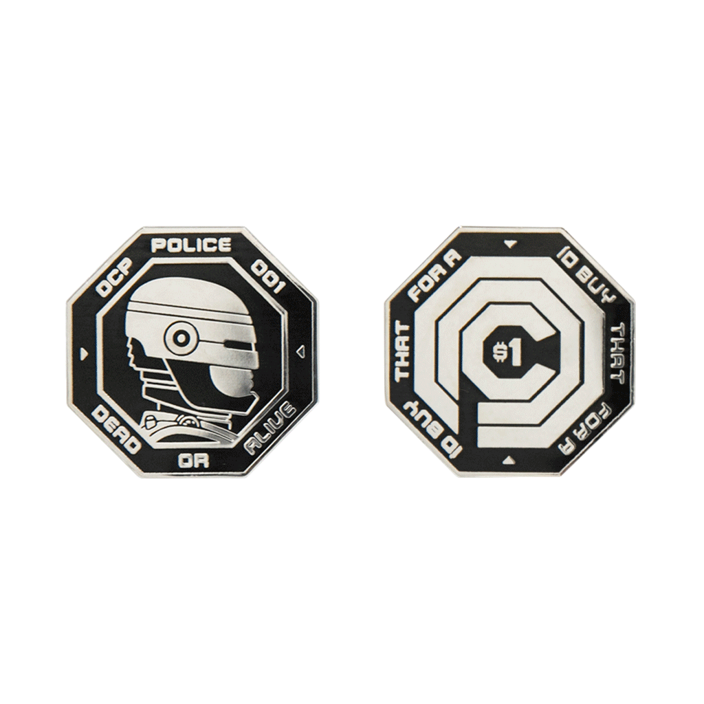 Two octagonal metal tokens by Bruce Yan: one features a helmeted figure with the text “CCP Police token 001 DEAD OR ALIVE,” and the other displays a maze-like pattern with $1 at the center and edge text.