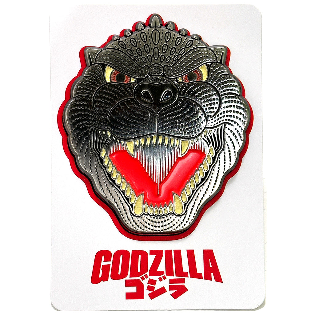 Official Godzilla enamel pin of kaiju's face on title card by artist Bruce Yan