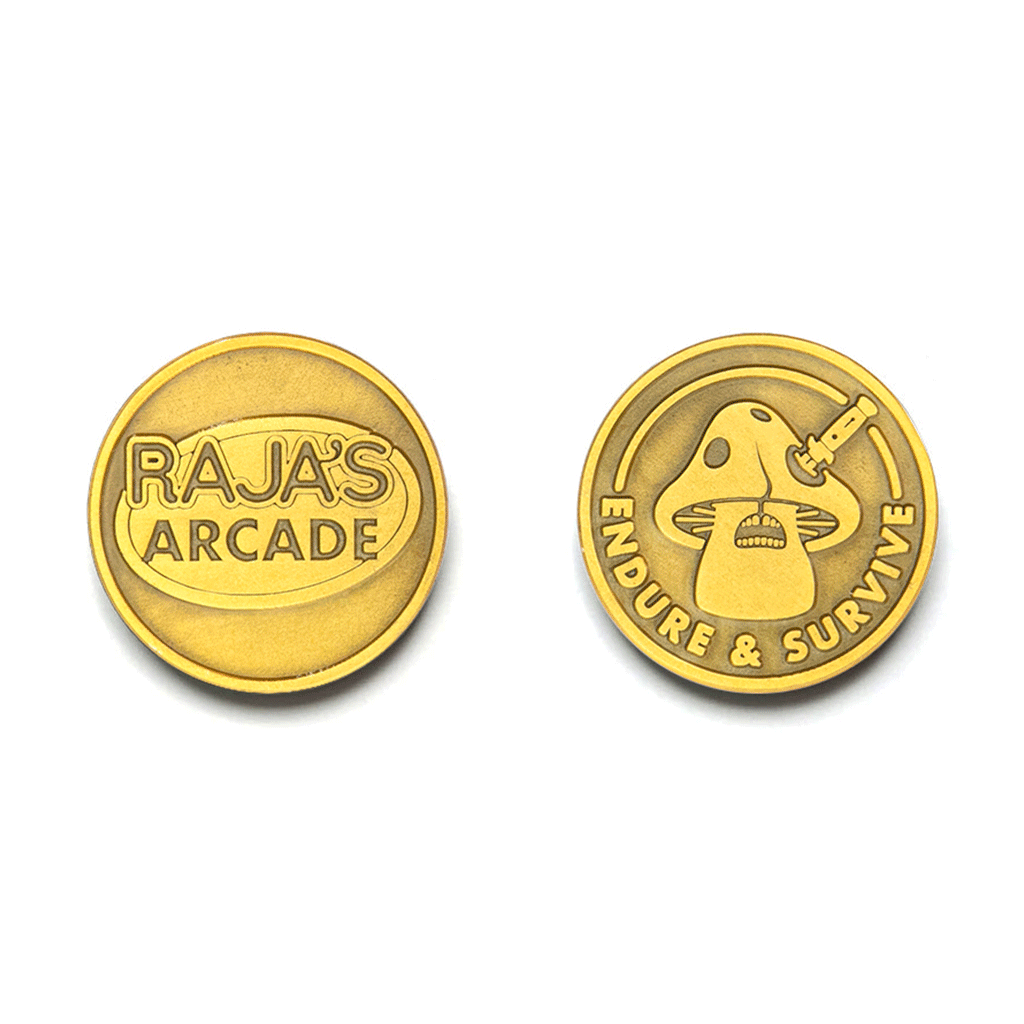 Two metallic tokens by Bruce Yan: one side shows the brand name, the other a mushroom shape with a knife and ENDURE & SURVIVE inscribed around the edge.
