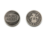 Two metallic tokens by Bruce Yan: one side shows the brand name, the other a mushroom shape with a knife and ENDURE & SURVIVE inscribed around the edge.