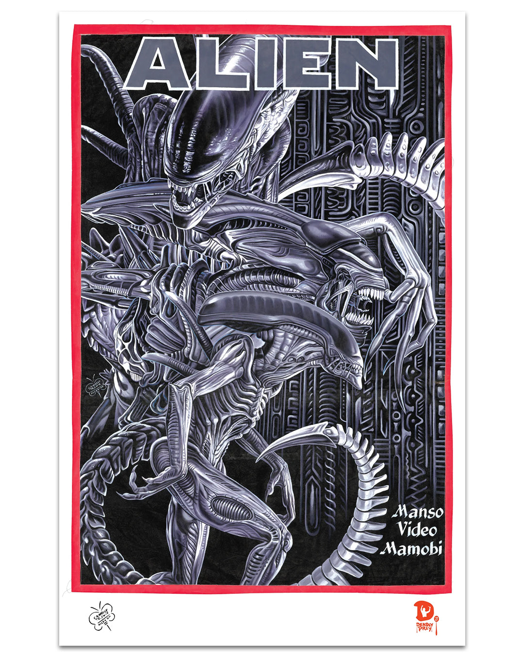 Black and white illustrated poster by Deadly Prey features menacing xenomorphs with elongated heads and sharp teeth on a mechanical sci-fi background. "ALIEN" titles the digital print, with Manso Video Mamobi at the bottom right.