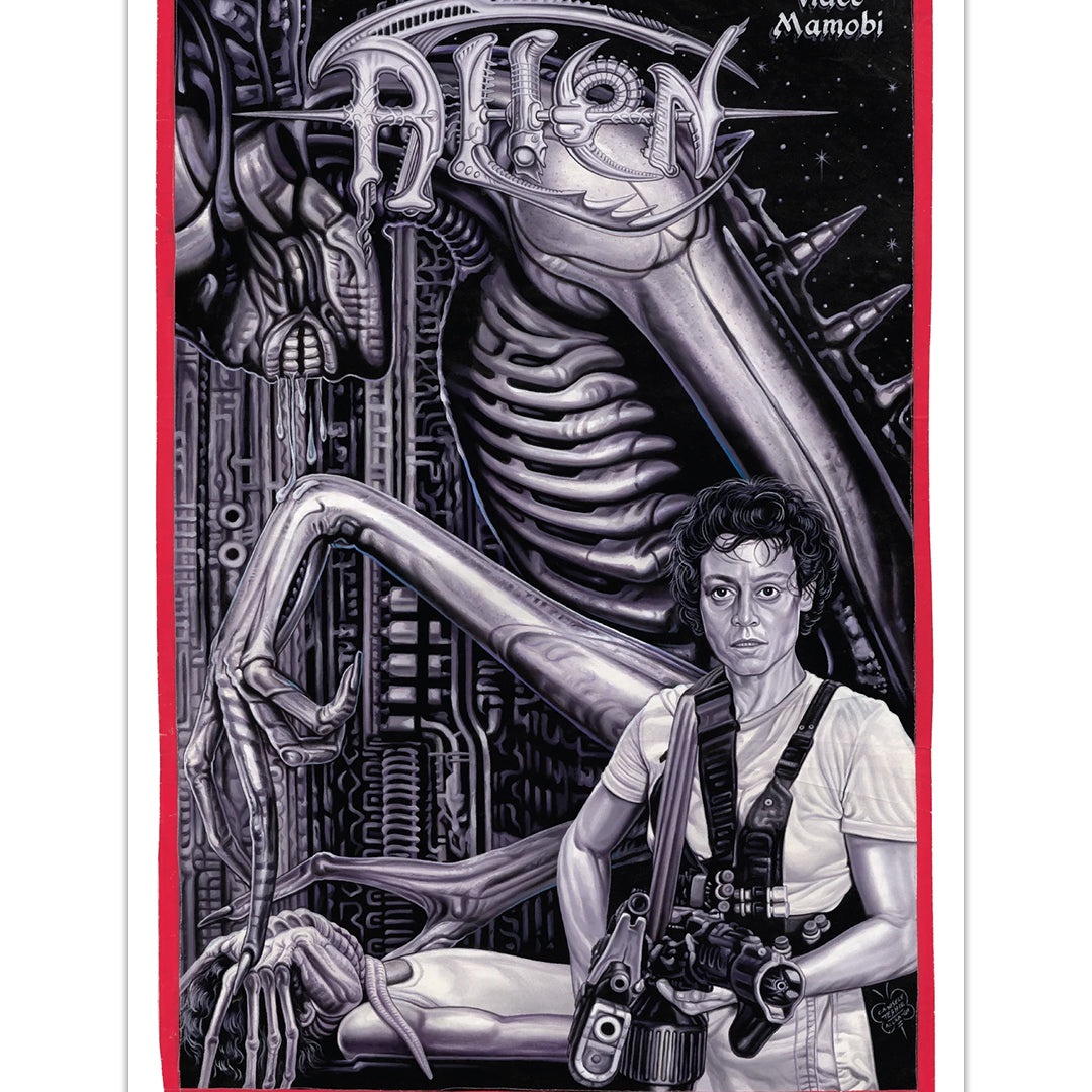 Black and white illustrated poster for the movie Alien by Deadly Prey, depicting Ripley armed before an alien with a sci-fi backdrop. Stylized "Alien" title at top. Digital print by C.A. Wisely.