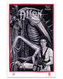 Black and white illustrated poster for the movie Alien by Deadly Prey, depicting Ripley armed before an alien with a sci-fi backdrop. Stylized "Alien" title at top. Digital print by C.A. Wisely.