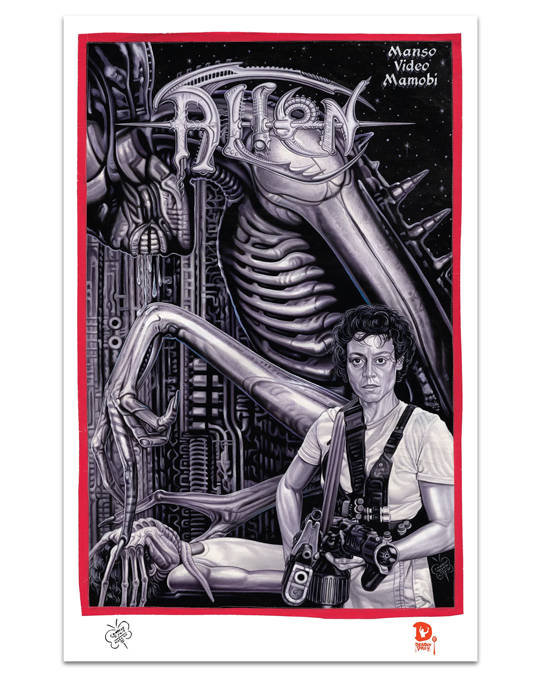 Black and white illustrated poster for the movie Alien by Deadly Prey, depicting Ripley armed before an alien with a sci-fi backdrop. Stylized "Alien" title at top. Digital print by C.A. Wisely.