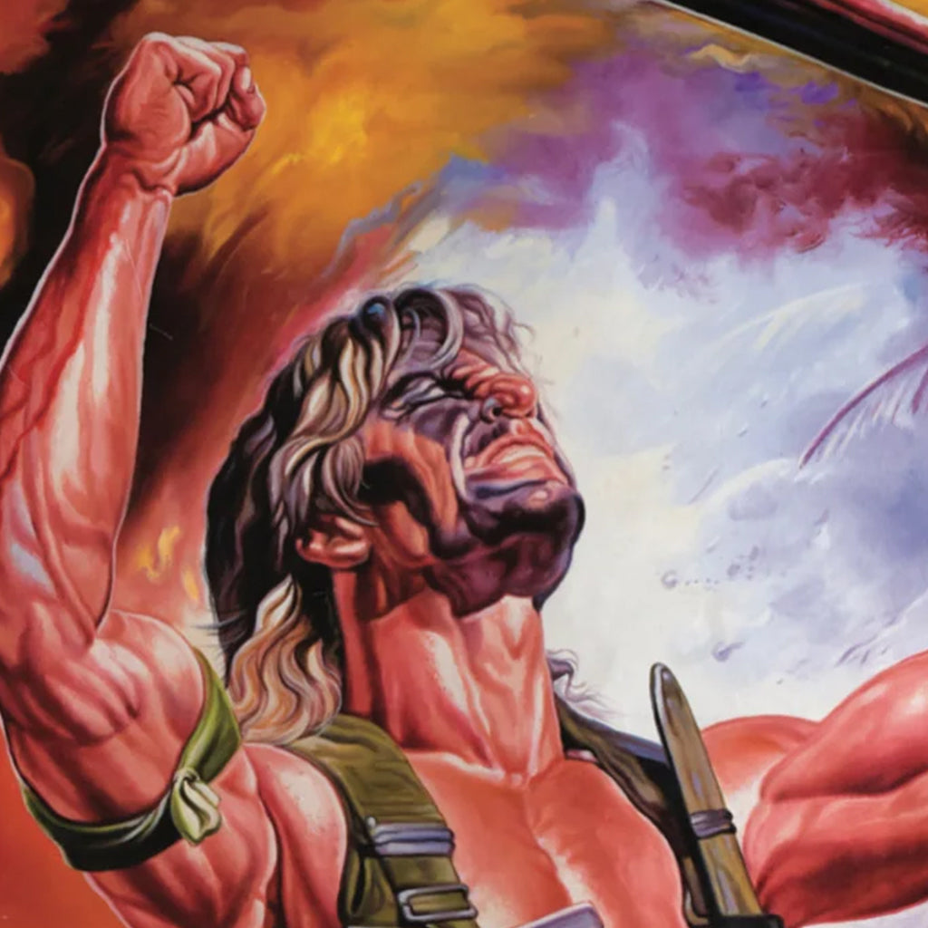 A muscular character with long blond hair, face paint, and green military gear raises a clenched fist against dramatic clouds in this bold digital print by Deadly Prey.