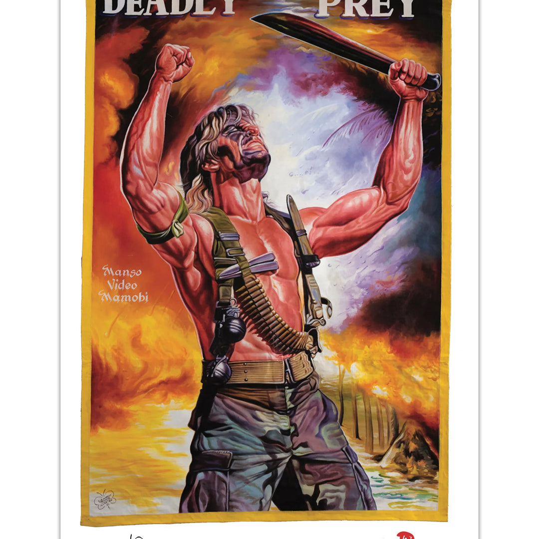 A muscular man with torn pants, ammo belts, and a knife raises his arms triumphantly against an explosive backdrop. The bold white text "Deadly Prey" appears above him in this striking print from the Deadly Prey brand.