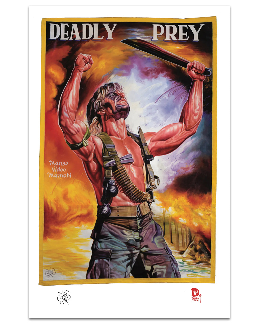 A muscular man with torn pants, ammo belts, and a knife raises his arms triumphantly against an explosive backdrop. The bold white text "Deadly Prey" appears above him in this striking print from the Deadly Prey brand.