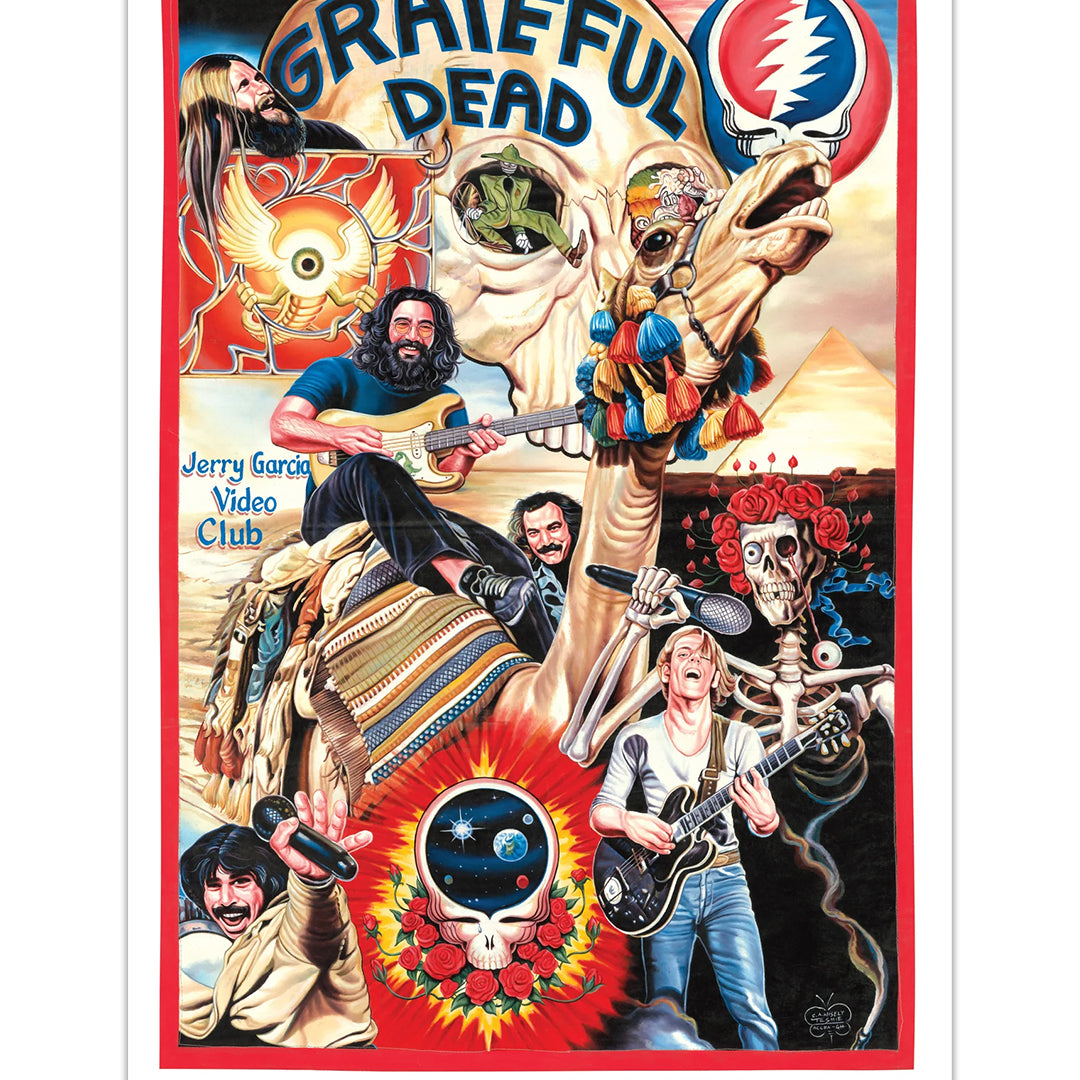 Colorful, surreal digital print poster by Deadly Prey featuring Grateful Dead band members, a skeleton in roses, a camel, and psychedelic imagery, with "Grateful Dead" and "Jerry Garcia Video Club" text. Art inspired by C.A. Wisely.