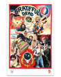 Colorful, surreal digital print poster by Deadly Prey featuring Grateful Dead band members, a skeleton in roses, a camel, and psychedelic imagery, with "Grateful Dead" and "Jerry Garcia Video Club" text. Art inspired by C.A. Wisely.