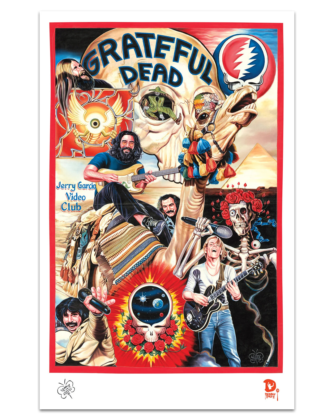 Colorful, surreal digital print poster by Deadly Prey featuring Grateful Dead band members, a skeleton in roses, a camel, and psychedelic imagery, with "Grateful Dead" and "Jerry Garcia Video Club" text. Art inspired by C.A. Wisely.