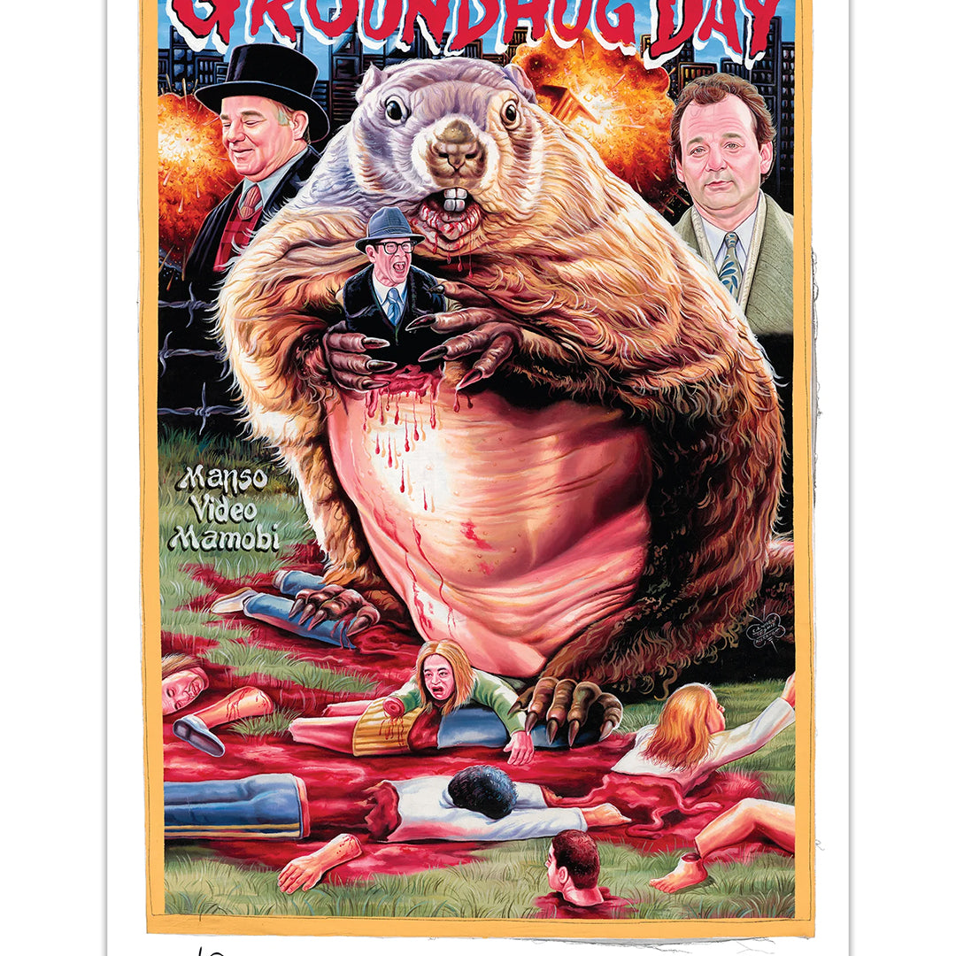 A dramatic Deadly Prey digital illustrated poster for Groundhog Day by C.A. Wisely features a giant groundhog holding a bloody human, chaos surrounding them, two men in suits in the background, and bold red "Groundhog Day" text.