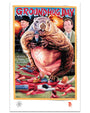 A dramatic Deadly Prey digital illustrated poster for Groundhog Day by C.A. Wisely features a giant groundhog holding a bloody human, chaos surrounding them, two men in suits in the background, and bold red "Groundhog Day" text.