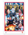 Deadly Prey's illustrated movie poster for Heat by C.A. Wisely shows masked, armed men and intense gunfights among city skyscrapers at night, capturing explosive action and determined characters in a dynamic digital print style.