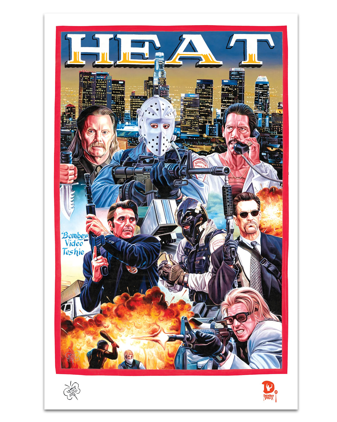 Deadly Prey's illustrated movie poster for Heat by C.A. Wisely shows masked, armed men and intense gunfights among city skyscrapers at night, capturing explosive action and determined characters in a dynamic digital print style.