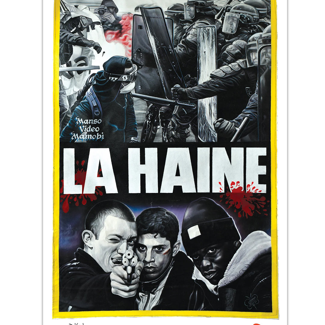 A digital print movie poster by Deadly Prey for La Haine shows three young men in front, one aiming a gun at the viewer. Behind them, riot police clash. The bold white film title sits above red splatters.