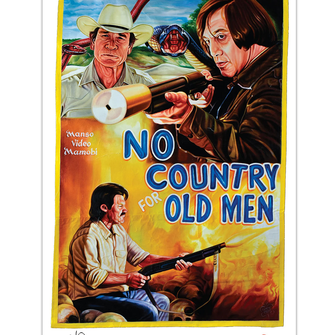 A vibrant digital print movie poster for No Country For Old Men by Deadly Prey, depicting three men—a cowboy hat wearer, a shotgun wielder, and one with a silenced pistol—set against striking blue and yellow title text.