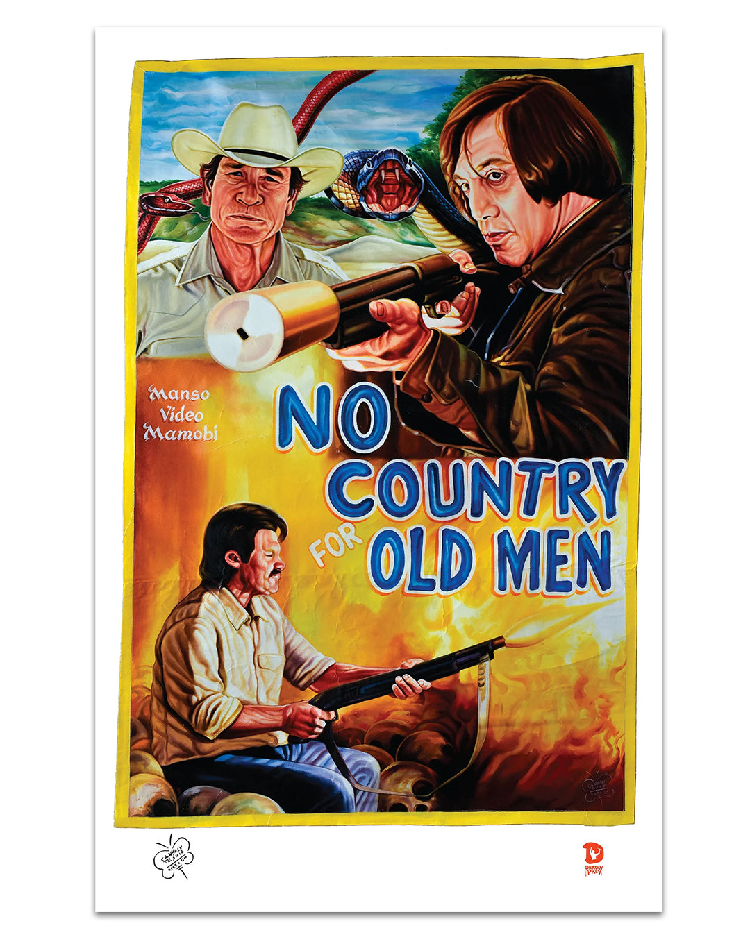 A vibrant digital print movie poster for No Country For Old Men by Deadly Prey, depicting three men—a cowboy hat wearer, a shotgun wielder, and one with a silenced pistol—set against striking blue and yellow title text.