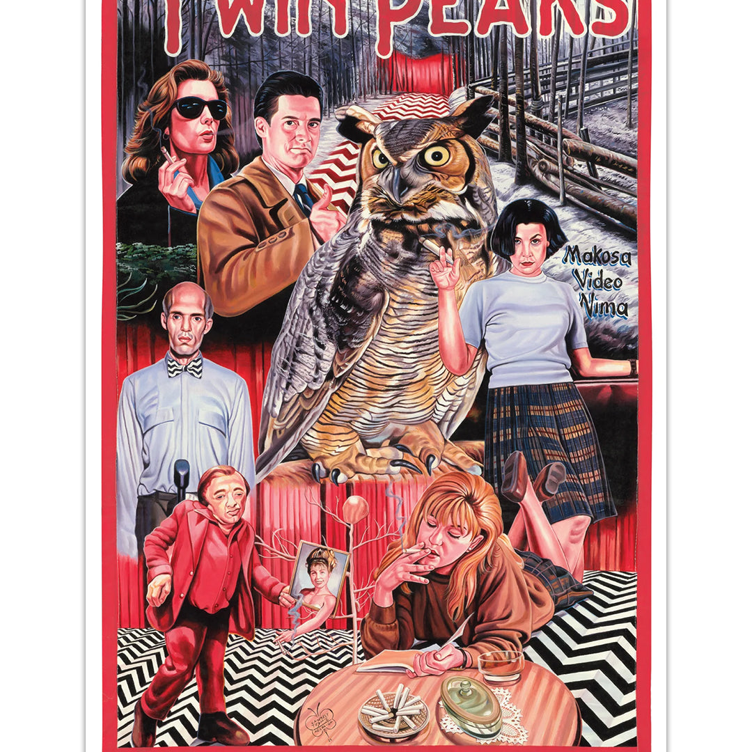 A colorful illustrated digital print poster for Twin Peaks by Deadly Prey features main characters, a large central owl, pie, coffee, a forest backdrop, and the show's bold red title at the top.