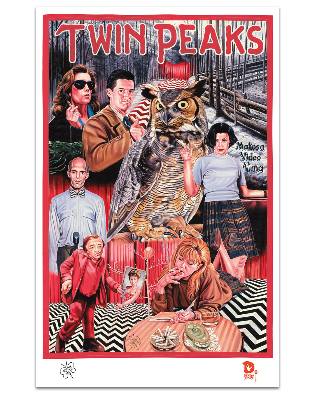 A colorful illustrated digital print poster for Twin Peaks by Deadly Prey features main characters, a large central owl, pie, coffee, a forest backdrop, and the show's bold red title at the top.