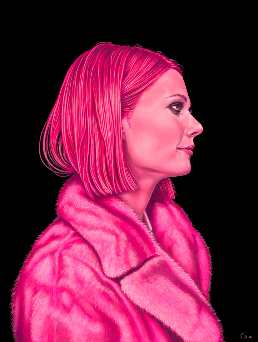 A woman with a bob haircut in a pink fur coat is shown in profile against black, inspired by Caia Koopman’s "Margot in Pink." This monochromatic pink artwork celebrates Spoke Art's 15th Anniversary.