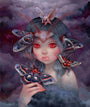 A surreal painting in Camilla d'Errico's style features a girl with glowing red eyes and moth crown, set against a dreamy dark sky—an artwork inspired by Prophet Of The Night, available at Spoke Art.