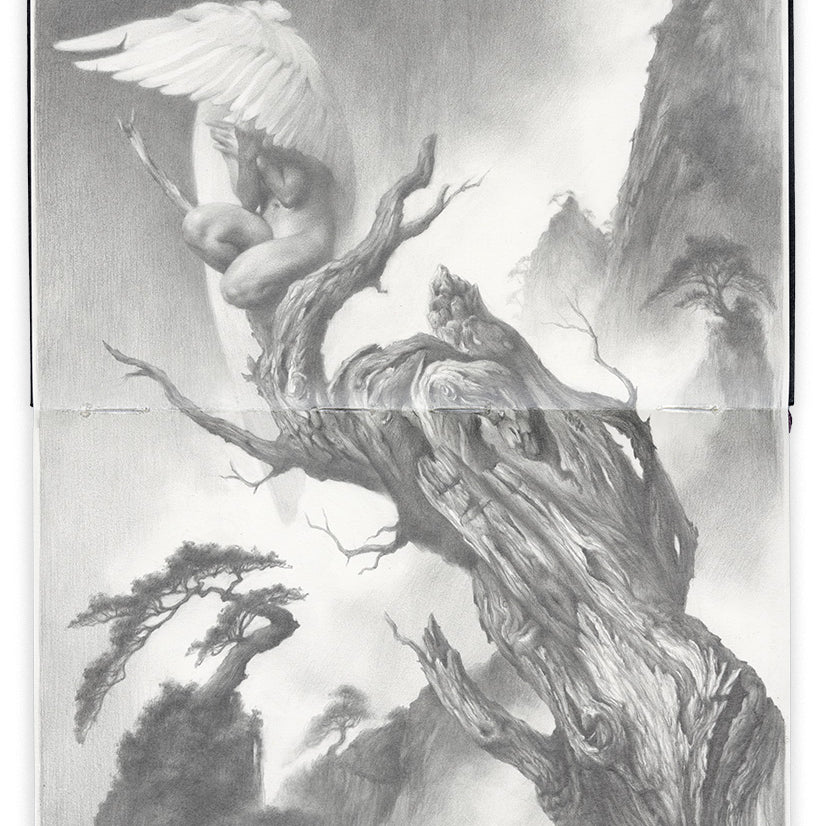 pencil illustration on an open face Moleskine notebook depicting a nude angel with its wings covering its face as it sits on a worn tree stump by artist Theodora Capat