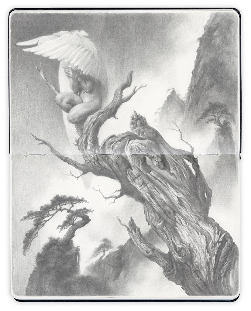 pencil illustration on an open face Moleskine notebook depicting a nude angel with its wings covering its face as it sits on a worn tree stump by artist Theodora Capat