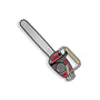 Illustration of a red and silver chainsaw with a beige handle on a white background, designed as a hard enamel pin by Spoke Art—perfect as a unique limited edition collectible for any pin collection.