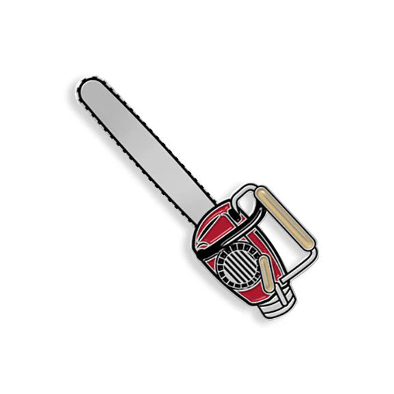Illustration of a red and silver chainsaw with a beige handle on a white background, designed as a hard enamel pin by Spoke Art—perfect as a unique limited edition collectible for any pin collection.