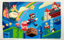 Vibrant illustration by James Chapman of Mario leaping between brick blocks, with castles, Toad, Bowser, coins, Piranha Plants, a Power Star, penguin, and rainbow—a delightful Super Mario world tribute for video game fans.