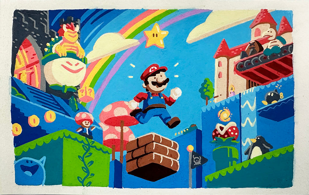 Vibrant illustration by James Chapman of Mario leaping between brick blocks, with castles, Toad, Bowser, coins, Piranha Plants, a Power Star, penguin, and rainbow—a delightful Super Mario world tribute for video game fans.
